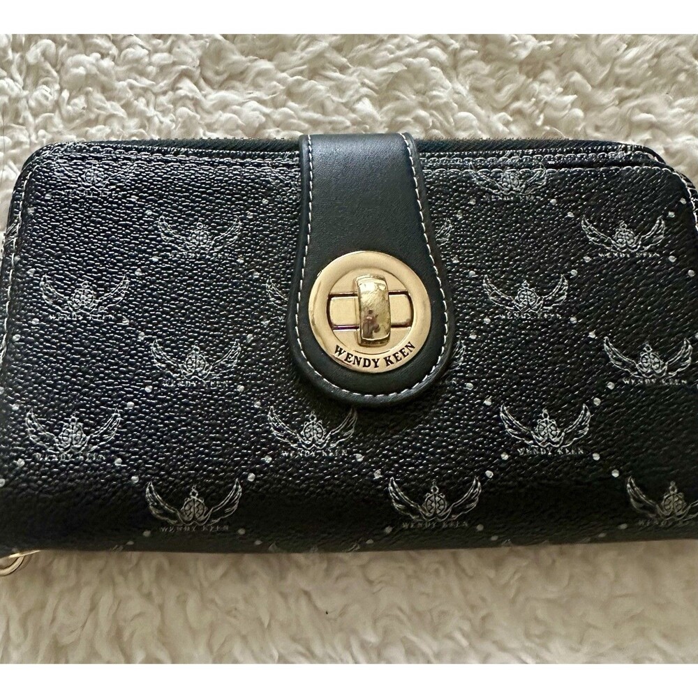 Wendy Keen Women’s Black/Gold Bird Printed Zip-Around Wallet EUC
